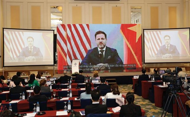 Quang cảnh Diễn đàn Thương mại Việt Nam-Hoa Kỳ 2021 tại điểm cầu Hà Nội, hồi tháng 12 năm ngoái. (Ảnh: Trần Việt/TTXVN)