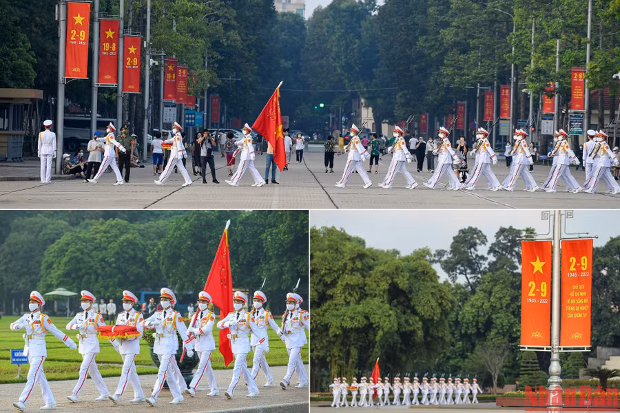 6 giờ kém 5 phút, đội tiêu binh hành tiến vào Quảng trường Ba Đình trên nền quân nhạc từ góc phía đường Hùng Vương giao với Lê Hồng Phong.