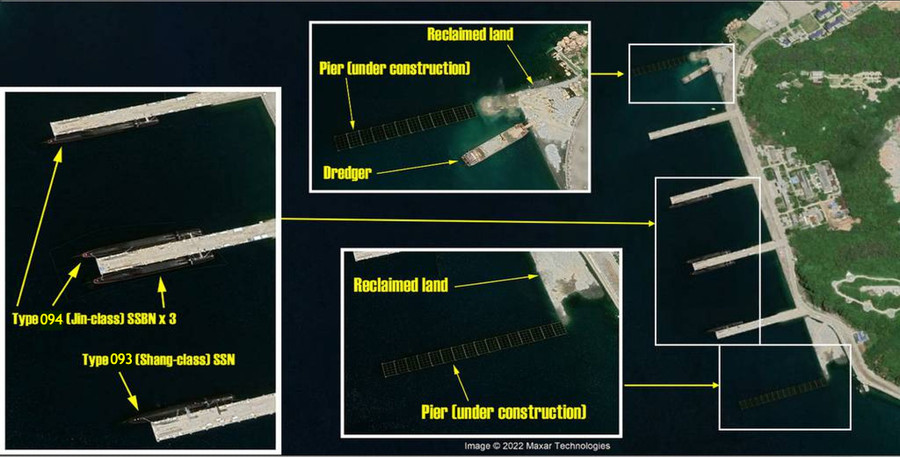 Ảnh vệ tinh cho thấy 2 cầu tàu mới đang được xây dựng ở hai đầu của 4 cầu tàu cũ, nơi các tàu ngầm Type 094 và Type 093 đang neo đậu. Ảnh chụp màn hình South China Morning Post Ảnh vệ tinh cho thấy 2 cầu tàu mới đang được xây dựng ở hai đầu của 4 cầu tàu cũ, nơi các tàu ngầm Type 094 và Type 093 đang neo đậu. Ảnh chụp màn hình South China Morning Post