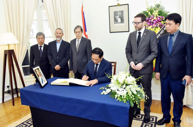 Bộ trưởng Bùi Thanh Sơn ghi sổ tang chia buồn việc Nữ hoàng Elizabeth qua đời. Ảnh nguồn tienphong.vn