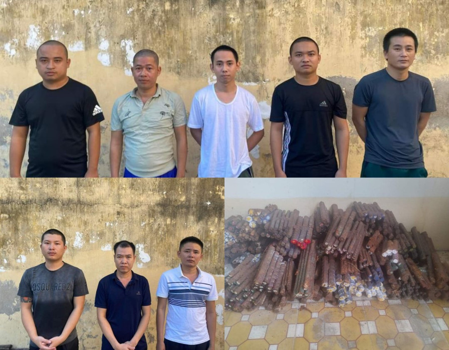 8 đối tượng lừa đảo chiếm đoạt tài sản và tang vật. Ảnh: Công an cung cấp