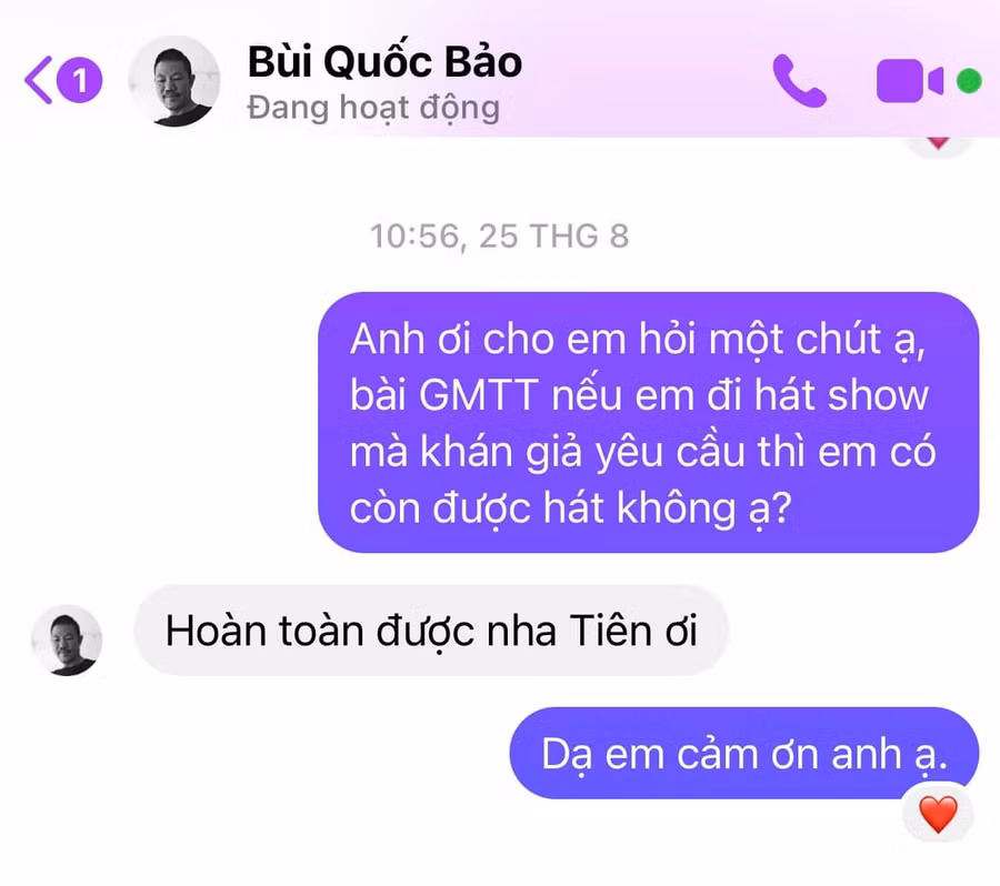 Tin nhắn với nhạc sĩ Quốc Bảo được Thủy Tiên đăng tải. Ảnh: FBNV
