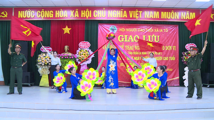 Tiết mục múa Ca ngợi Đảng CSVN do CLB Người cao tuổi xã Ia Tô biểu diễn. Ảnh: Phương Lộc