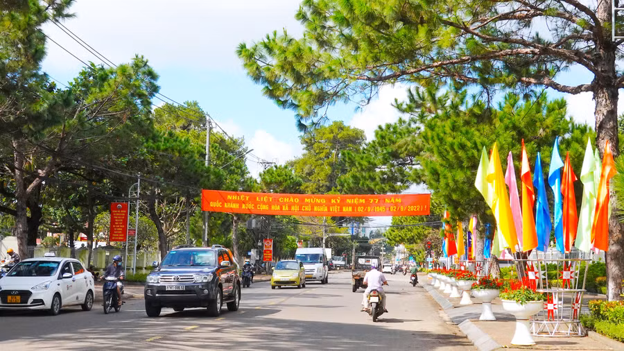 6. Đường phố Pleiku nhộn nhịp và rực sắc cờ hoa trong ngày 1-9. Ảnh Mộc Trà