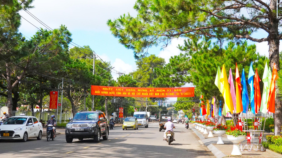 6. Đường phố Pleiku nhộn nhịp và rực sắc cờ hoa trong ngày 1-9. Ảnh Mộc Trà