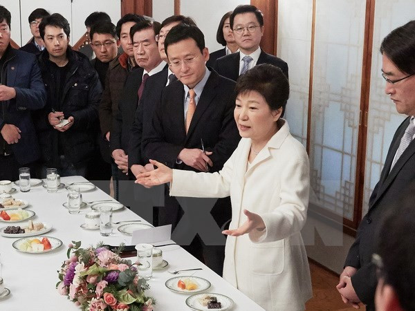 Tổng thống Hàn Quốc Park Geun-hye trong cuộc gặp báo giới ở Seoul ngày 1-1. (Nguồn: YONHAP/TTXVN)