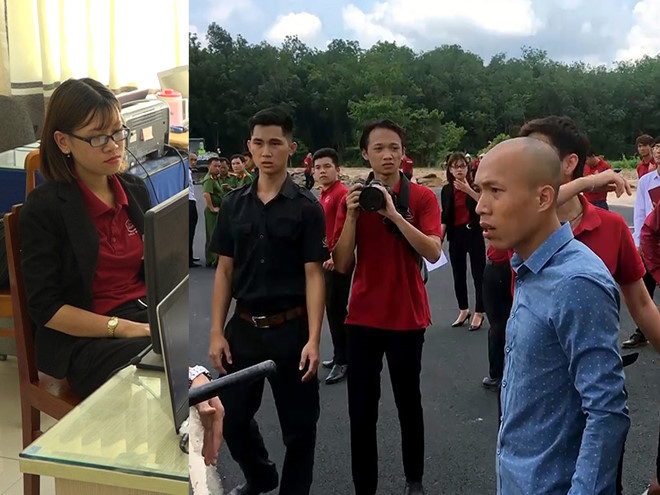 Nguyễn Huỳnh Tú Trinh làm việc với Công an TX.Phú Mỹ và Trần Quốc Tĩnh (phải) tại hiện trường liên tục chống đối đoàn cưỡng chế