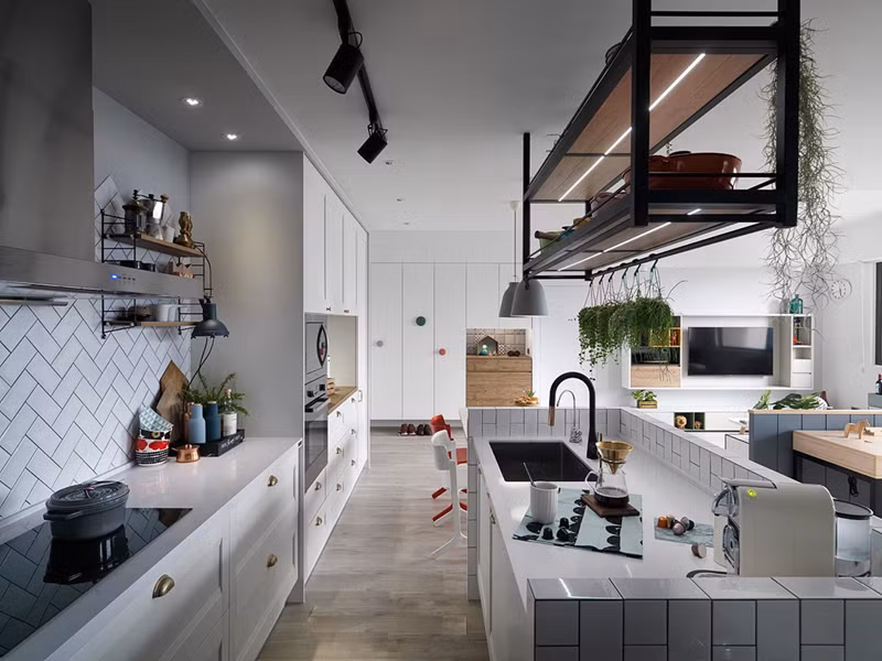  Căn hộ sử dụng màu trắng và xám làm nền, trong khi màu sắc tươi sáng khác mang lại sức sống cho căn phòng.