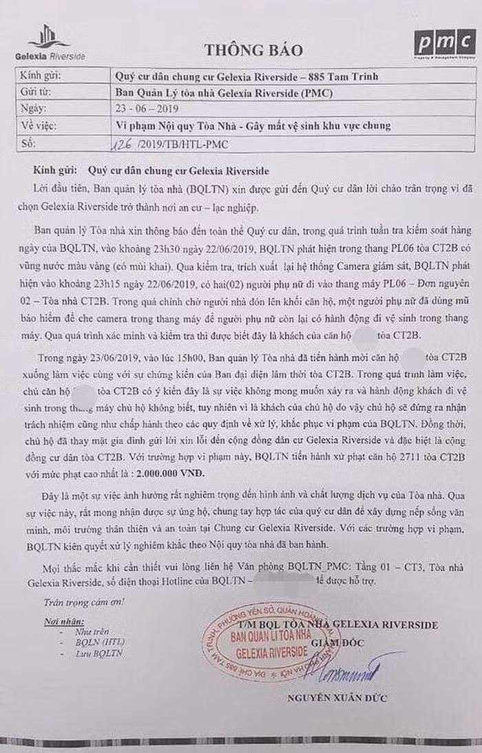 Bản thông báo của ban quản lý tòa nhà.