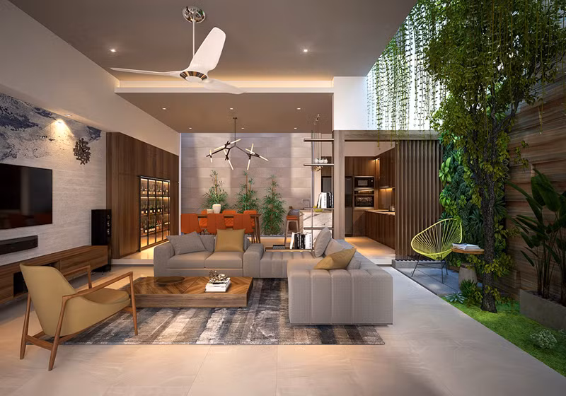  Ghế ngồi màu cam tương phản với thảm cỏ xanh, tạo ra hiệu ứng thị giác đẹp mắt.