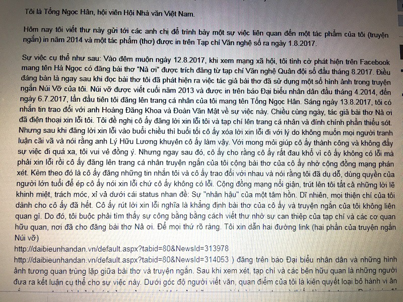  Một phần nội dung lá thư của nhà văn Tống Ngọc Hân gửi Trung tâm quyền tác giả Văn học Việt Nam bảo vệ tác phẩm của mình trước vấn nạn “đạo văn”.