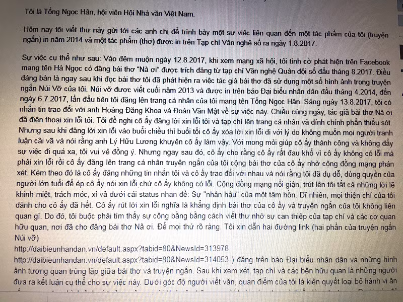  Một phần nội dung lá thư của nhà văn Tống Ngọc Hân gửi Trung tâm quyền tác giả Văn học Việt Nam bảo vệ tác phẩm của mình trước vấn nạn “đạo văn”.
