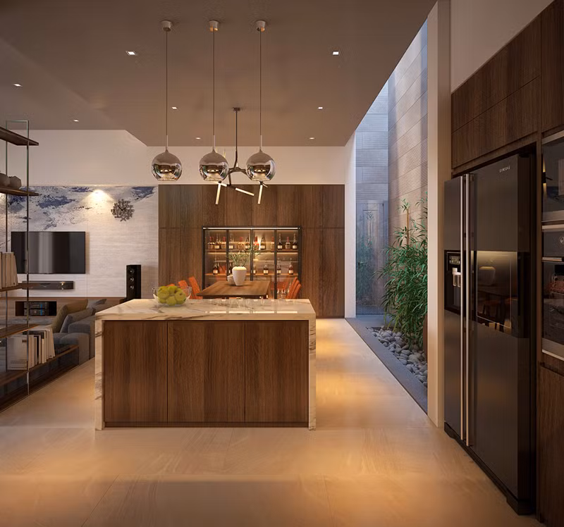 Mặt đảo bếp trang trí bằng đá cẩm thạch dễ dàng cho việc làm sạch.