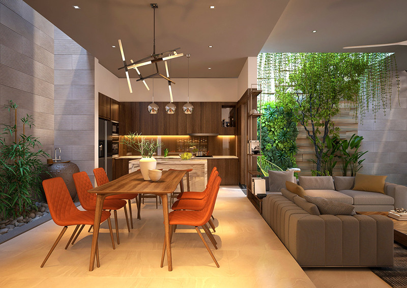 Một chiếc đèn chùm hiện đại trải dài trên bàn ăn bằng gỗ, cung cấp ánh sáng cho bàn ăn vào ban đêm. Một chiếc đèn chùm hiện đại trải dài trên bàn ăn bằng gỗ, cung cấp ánh sáng cho bàn ăn vào ban đêm.