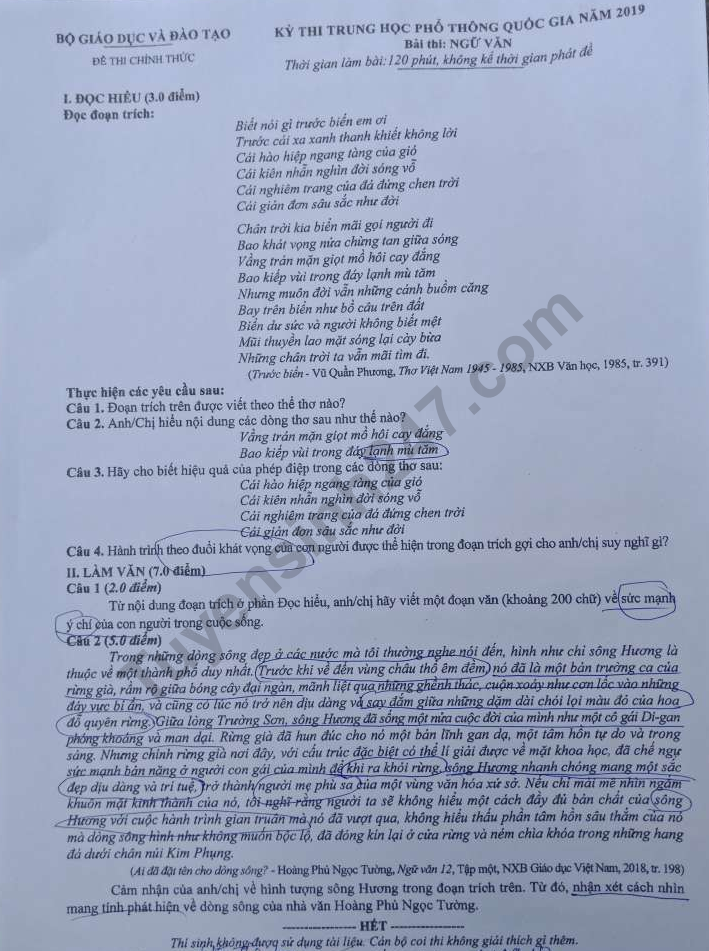  Đề thi môn Văn, kỳ thi THPT quốc gia năm 2019