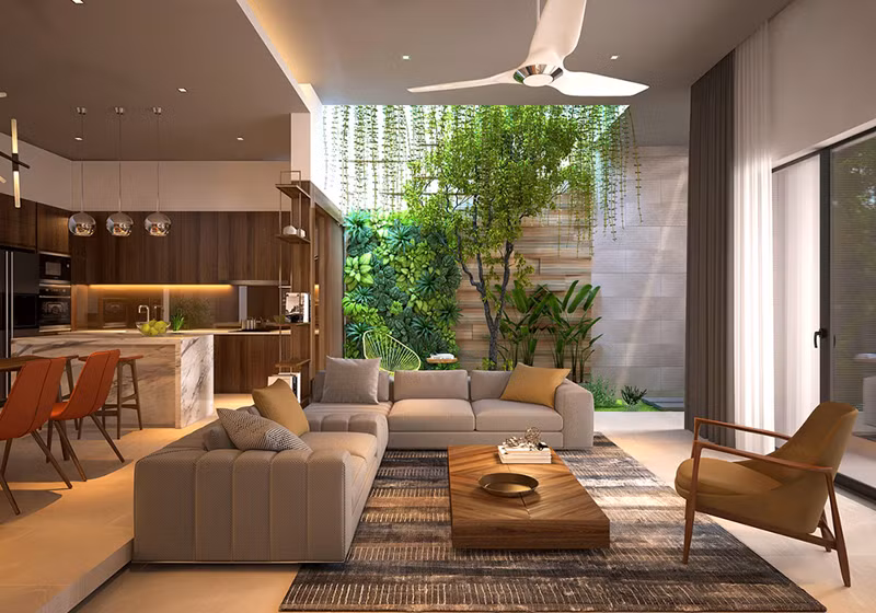 Từ tầng 2, hàng dây leo rơi xuống tỏa bóng mát cho cả khu vực tầng 1.