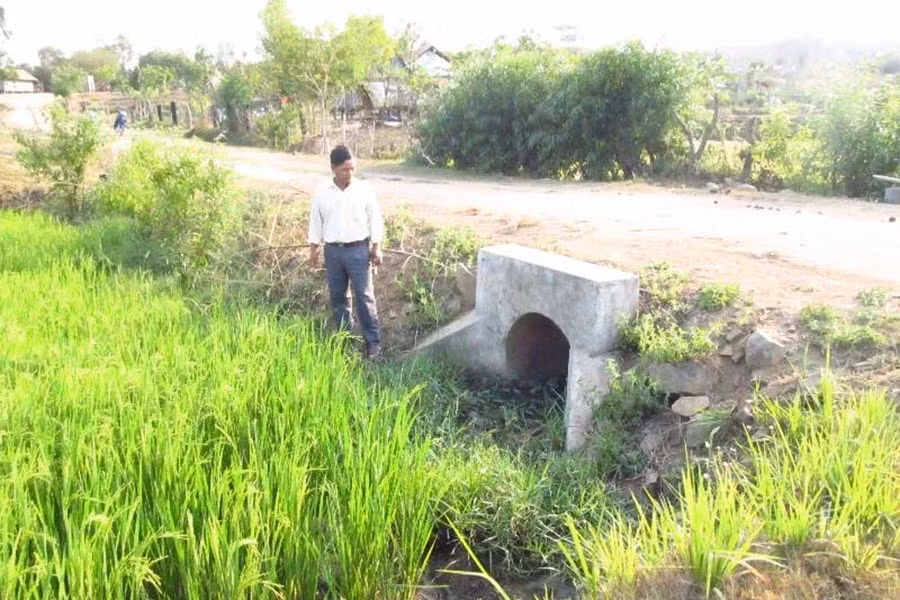  Ông Kruôi bên cạnh con đường dẫn vào cánh đồng của làng được ông vận động nhân dân đóng góp tiền, công sức làm cống, đổ đất. Ảnh: Hồng Thương