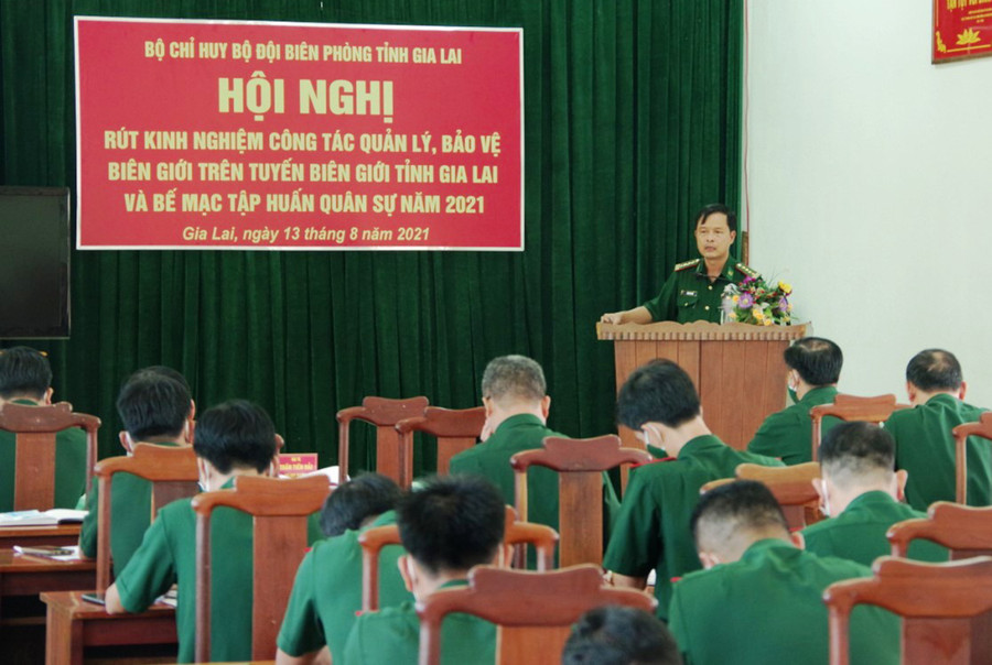  Đại tá Trần Tiến Hải-Chỉ huy trưởng Bộ Chỉ huy Bộ đội Biên phòng tỉnh phát biểu tại lớp tập huấn. Ảnh: Vĩnh Hoàng