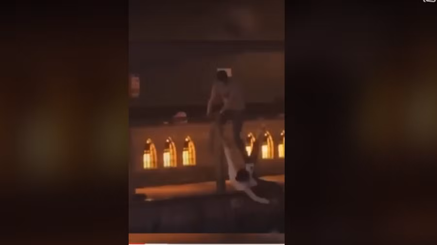 Người đàn ông cao to ra sức đánh đập nam thanh niên người Việt. Ảnh cắt từ clip