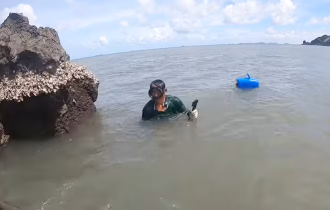 Anh Châu lặn ngụp cả ngày đập đá tìm hàu.