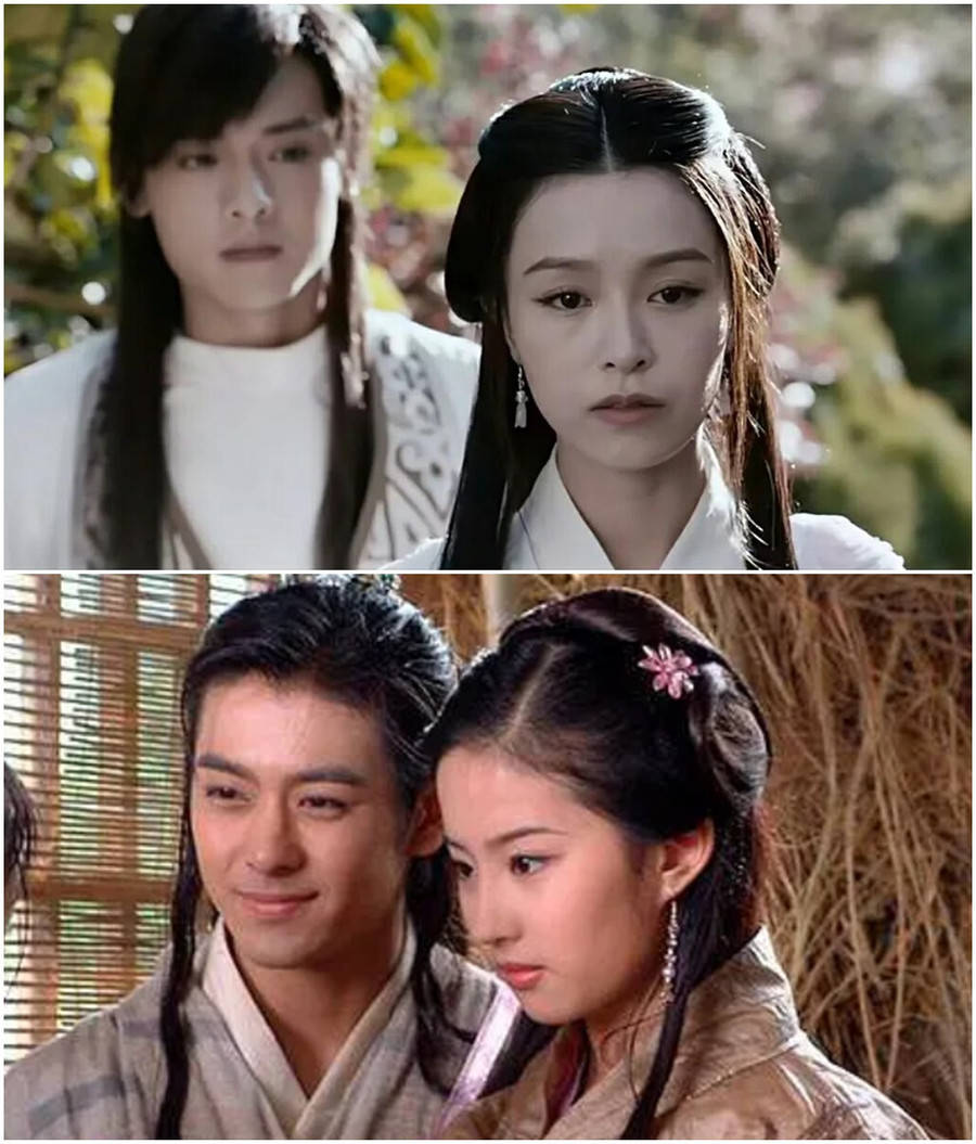 Khán giả so sánh phiên bản Đoàn Dự và Vương Ngữ Yên năm 2021 (trên) và năm 2003. Kết quả, nhiều người xem càng cảm thấy thất vọng với Thiên long bát bộ năm nay. Ảnh: Cắt từ phim