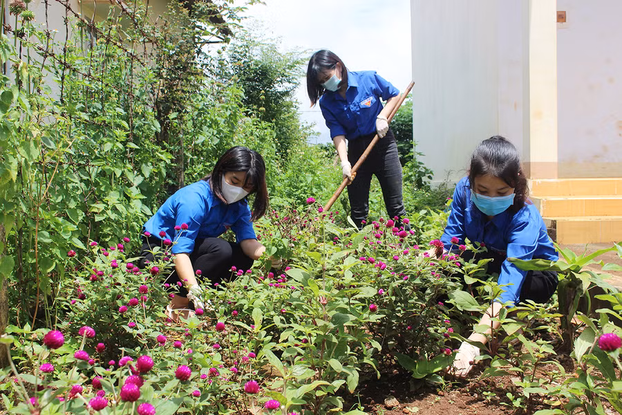 Đoàn viên, thanh niên trồng hoa tại nhà sinh hoạt cộng đồng làng Kênh (xã Nghĩa Hòa, huyện Chư Păh). Ảnh: Phan Lài