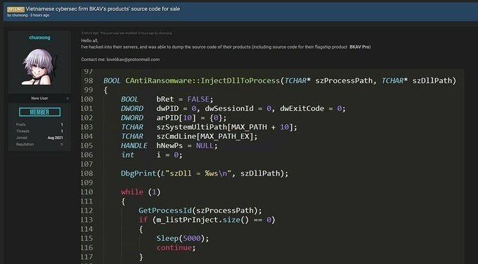 Chủ đề rao bán mã nguồn phần mềm Bkav đang được quan tâm nhiều trên diễn đàn tin tặc. Ảnh: Chụp màn hình