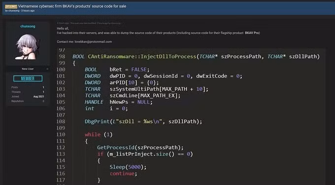 Chủ đề rao bán mã nguồn phần mềm Bkav đang được quan tâm nhiều trên diễn đàn tin tặc. Ảnh: Chụp màn hình