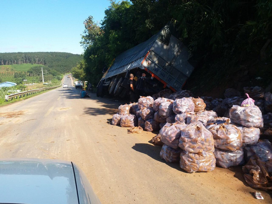  Hiện trường xảy ra vụ lật xe - Ảnh: THIÊN ÂN