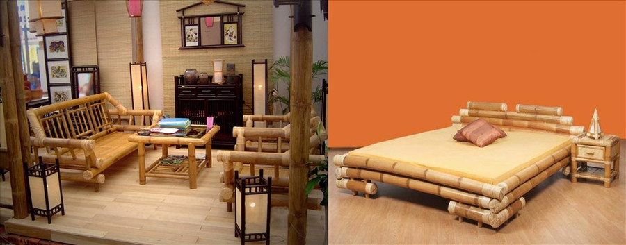 Bàn uống nước, giường làm từ tre trúc đang là xu hướng trong thiết kế nội thất hiện nay. Đồ họa: M.H