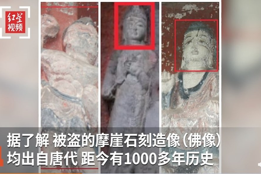 Tượng Phật 1.000 năm tuổi ở Trung Quốc bị đánh cắp. Ảnh chụp màn hình Sina Weibo  Tượng Phật 1.000 năm tuổi ở Trung Quốc bị đánh cắp. Ảnh chụp màn hình Sina Weibo