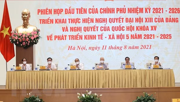 Tổng Bí thư Nguyễn Phú Trọng, Chủ tịch nước Nguyễn Xuân Phúc, Thủ tướng Phạm Minh Chính, Chủ tịch Quốc hội Vương Đình Huệ tham dự Phiên họp. (Ảnh: Dương Giang/TTXVN)