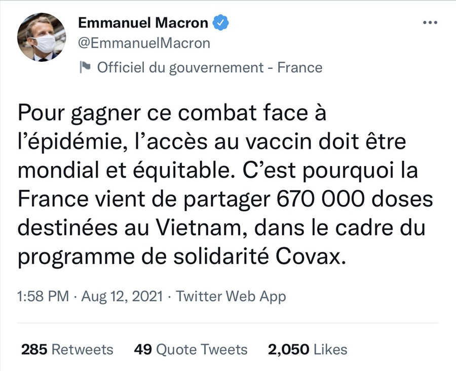 Tổng thống Emmanuel Macron viết trên Twitter, thông báo chia sẻ cho Việt Nam 670.000 liều vaccine COVID-19. Ảnh chụp màn hình Tổng thống Emmanuel Macron viết trên Twitter, thông báo chia sẻ cho Việt Nam 670.000 liều vaccine COVID-19. Ảnh chụp màn hình