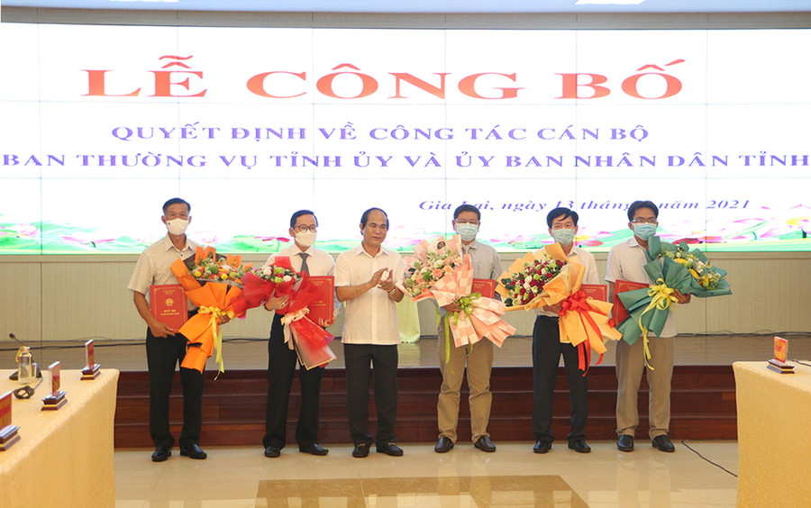 Chủ tịch UBND tỉnh trao quyết định cho các đồng chí được điều động bổ nhiệm. Ảnh: Quang Tấn