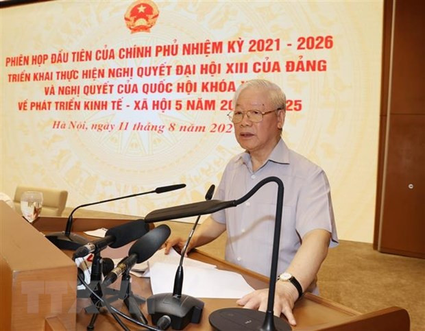 Tổng Bí thư Nguyễn Phú Trọng phát biểu tại Phiên họp đầu tiên của Chính phủ nhiệm kỳ 2021-2026. (Ảnh: Trí Dũng/TTXVN) Tổng Bí thư Nguyễn Phú Trọng phát biểu tại Phiên họp đầu tiên của Chính phủ nhiệm kỳ 2021-2026. (Ảnh: Trí Dũng/TTXVN)