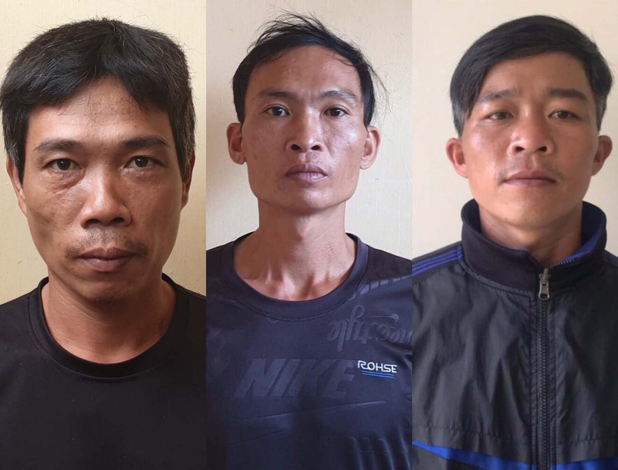 3 đối tượng Thông, Châu, Dần (từ trái qua) tại cơ quan Công an. Ảnh: Lê Văn Ngọc