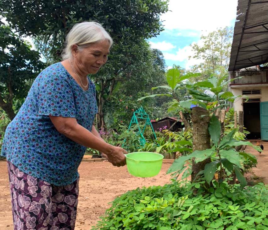 Bà Rơ Lan Djam (làng Bò, thị trấn Chư Prông) vui thú điền viên khi về già. Ảnh: Hồng Thương