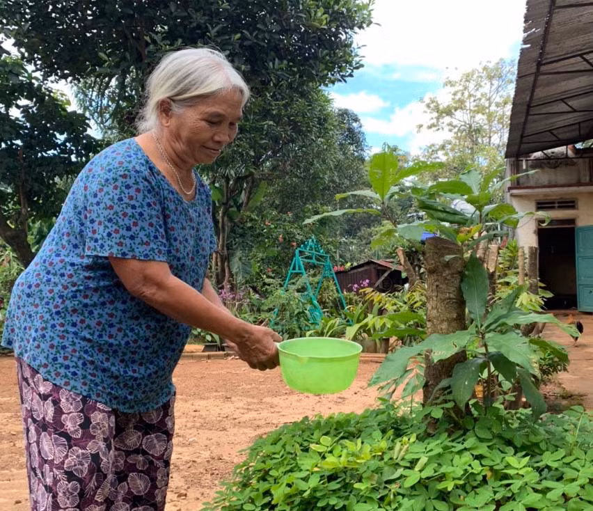 Bà Rơ Lan Djam (làng Bò, thị trấn Chư Prông) vui thú điền viên khi về già. Ảnh: Hồng Thương