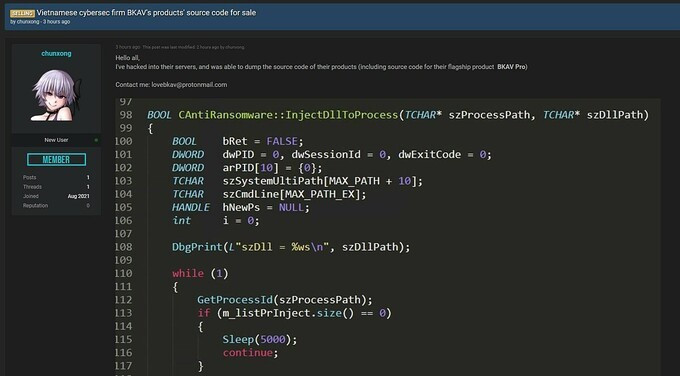 Bài đăng bán mã nguồn phần mềm Bkav do tin tặc trộm được. Ảnh chụp màn hình Bài đăng bán mã nguồn phần mềm Bkav do tin tặc trộm được. Ảnh chụp màn hình