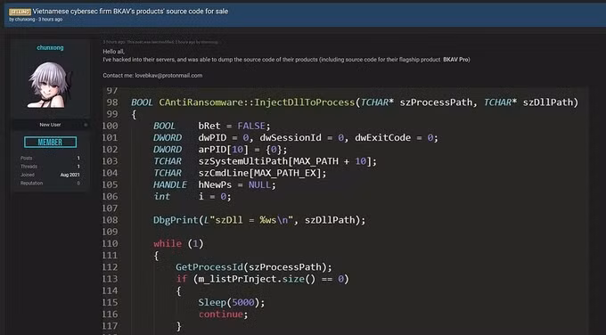 Bài đăng bán mã nguồn phần mềm Bkav do tin tặc trộm được. Ảnh chụp màn hình