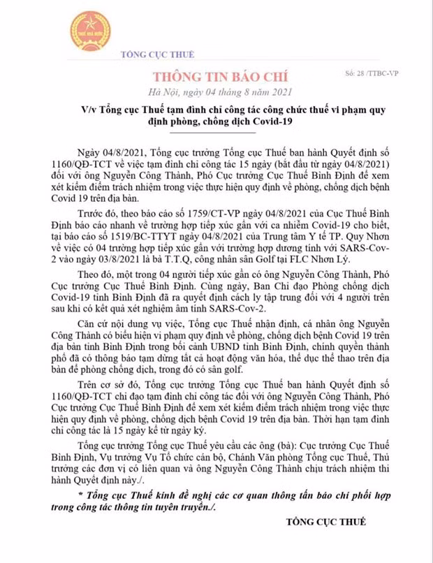 Thông tin báo chí của Tổng cục Thuế gửi các cơ quan truyền thông.