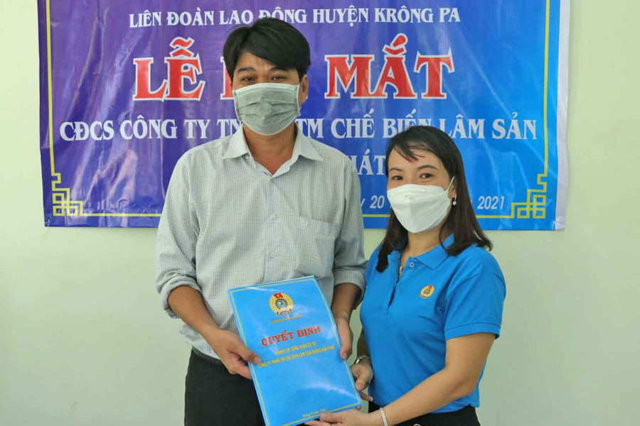 Lãnh đạo Liên đoàn Lao động huyện Krông Pa trao quyết định công nhận Công đoàn cơ sở Công ty TNHH Thương mại chế biến nông lâm sản Đường Vạn Phát. Ảnh: Lê Đại Lãnh đạo Liên đoàn Lao động huyện Krông Pa trao quyết định công nhận Công đoàn cơ sở Công ty TNHH Thương mại chế biến lâm sản Đường Vạn Phát. Ảnh: Lê Đại