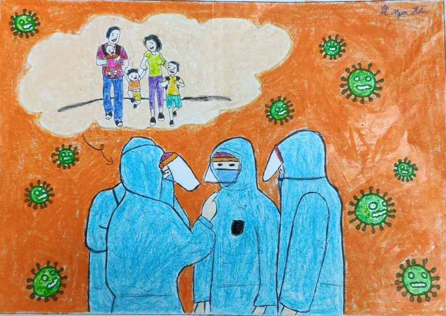 Một bức tranh ý nghĩa về công tác phòng chống dịch Covid-19 của thiếu nhi xã Ia Nan (huyện Đức Cơ). Ảnh: Phan Lài
