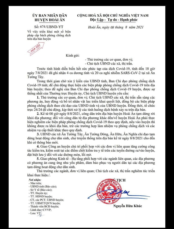  Công văn hỏa tốc ban hành sáng 8-8 của UBND huyện Hoài Ân