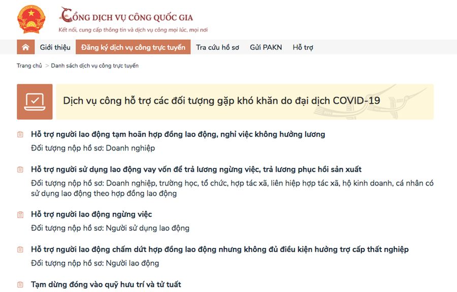 Các dịch vụ công do Bảo hiểm xã hội Việt Nam cung cấp trên dịch vụ công hỗ trợ các đối tượng gặp khó khăn do đại dịch COVID-19. Ảnh: PV/Vietnam+