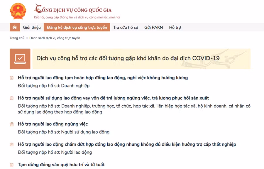 Các dịch vụ công do Bảo hiểm xã hội Việt Nam cung cấp trên dịch vụ công hỗ trợ các đối tượng gặp khó khăn do đại dịch COVID-19. Ảnh: PV/Vietnam+