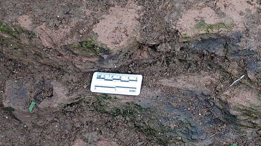 Các lớp gạch Chăm phát lộ tại khu vực phế tích tháp Rong Yang. Ảnh: Xuân Hiền Các lớp gạch Chăm phát lộ tại khu vực phế tích tháp Rong Yang. Ảnh: Xuân Hiền