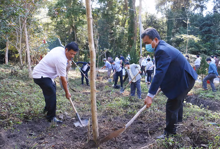 Ủy viên Ban Chấp hành Trung ương Đảng, Bí thư Tỉnh ủy, Chủ tịch HĐND tỉnh Hồ Văn Niên (bên phải) cùng các đồng chí trong đoàn công tác trồng cây tại Khu di tích lịch sử cách mạng của tỉnh ở xã Krong (huyện Kbang). Ảnh: Quang Tấn
