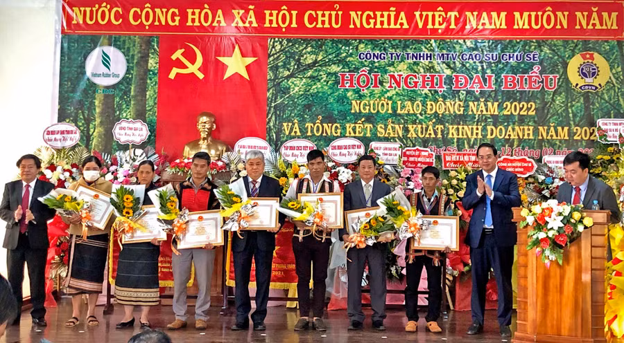 Trao tặng bằng khen của Chủ tịch Ủy ban Quản lý vốn Nhà nước tại doanh nghiệp cho tập thể Công ty TNHH một thành viên Cao su Chư Sê và 6 cá nhân trực thuộc Công ty. Ảnh: Lê Hòa