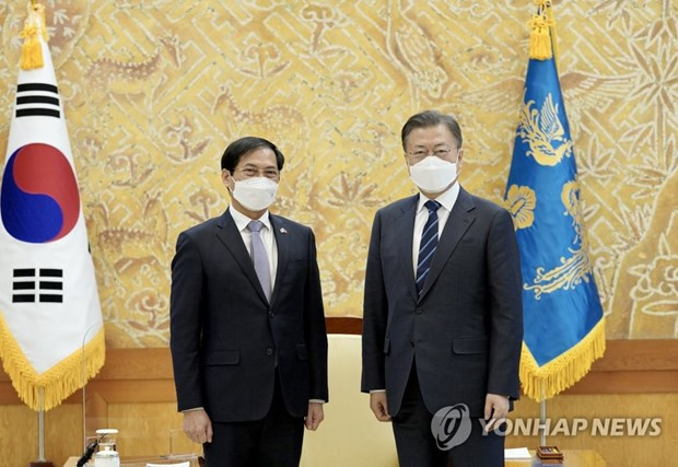Bộ trưởng Ngoại giao Bùi Thanh Sơn hội kiến Tổng thống Hàn Quốc Moon Jae-in. (Nguồn: Yonhap)